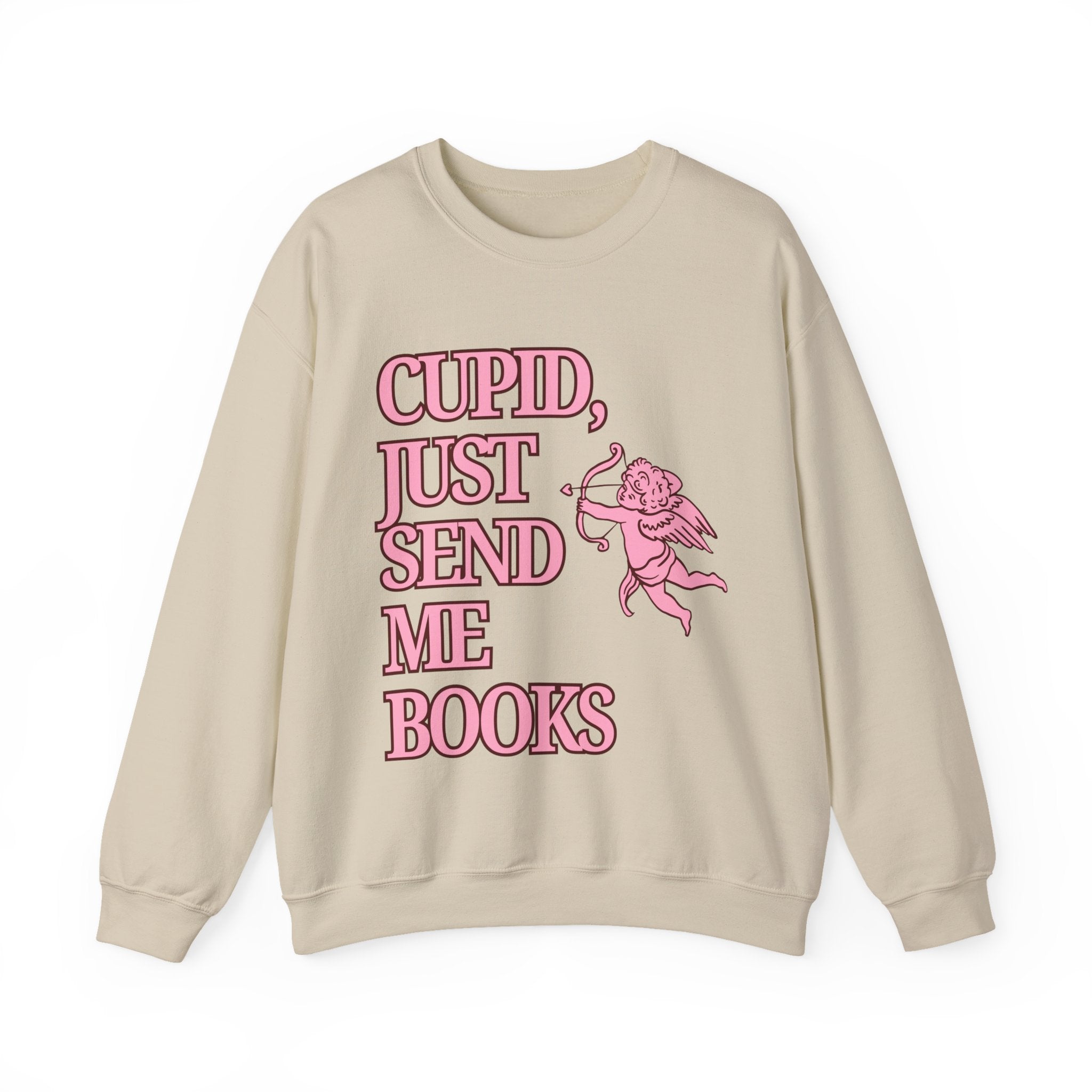 Cupid Just Send Me Books Sweatshirt | Pink Cupid Valentine Reading Tee