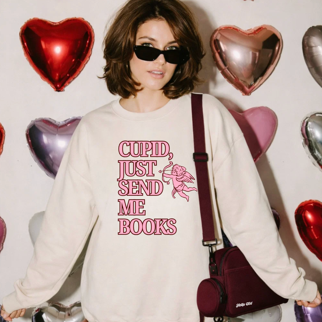Cupid Just Send Me Books Sweatshirt | Pink Cupid Valentine Reading Tee