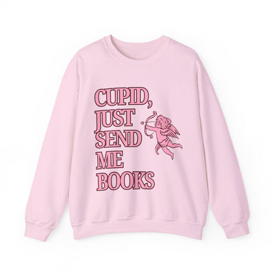 Cupid Just Send Me Books Sweatshirt | Pink Cupid Valentine Reading Tee