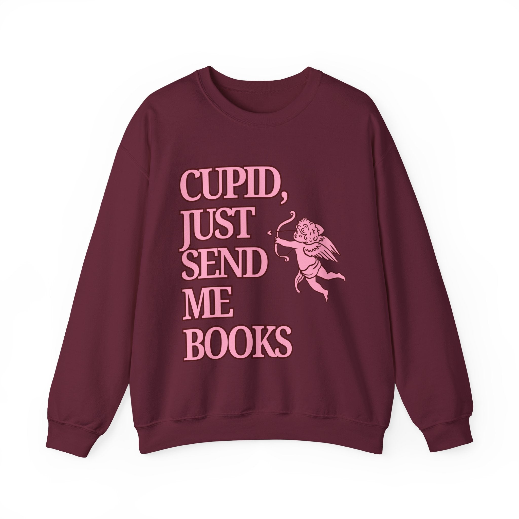 Cupid Just Send Me Books Sweatshirt | Pink Cupid Valentine Reading Tee