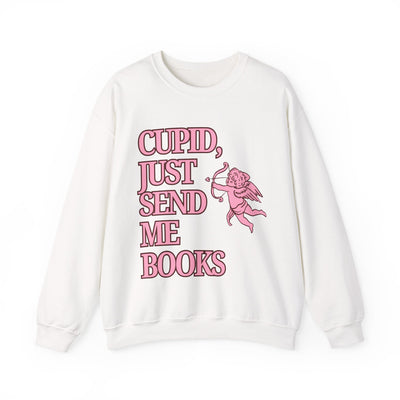 Cupid Just Send Me Books Sweatshirt | Pink Cupid Valentine Reading Tee