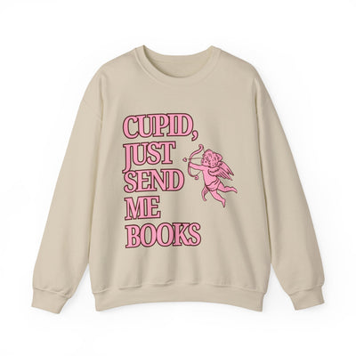 Cupid Just Send Me Books Sweatshirt | Pink Cupid Valentine Reading Tee